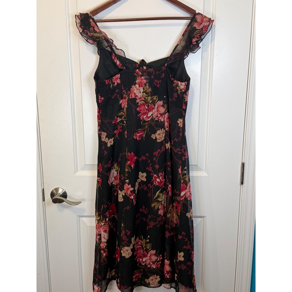 Vintage Madison Leigh Y2K Romantic Black Floral Ruffle Sleeve Midi Dress Size 10 - Picture 8 of 9